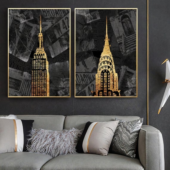 Set of 2 Framed New York Gold Builds, Modern Black Art Living Room Wall Art, Gold Decor Ready To Hang