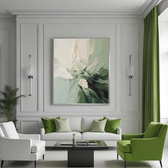 Textured Handmade Oil Paint Art Green Shade Abstract, Cream and Green 70x100cm Wall Art, Home decor, Luxury decor, living room, Canvas art