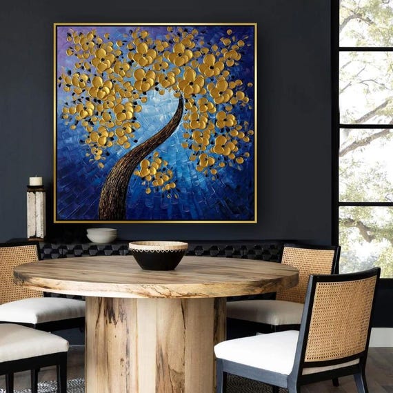 Textured Handmade Oil Paint Art Gold Life Tree, Golden Money Tree 90x90cm Wall Art, Home decor, Luxury decor, Living Room, Canvas Art