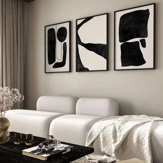 Black and Beige Modern Canvas, Abstract Wall Art, Beige and Black Art, Abstract Shapes Canvas, Set of 3 Canvas, Canvas Wall Art