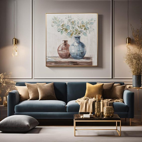 Textured Handmade Oil Paint Art Potted Flowers 90x90cm Wall Art Abstract Vase Painting, Cold Pastel Tones Modern Home decor, Canvas Art