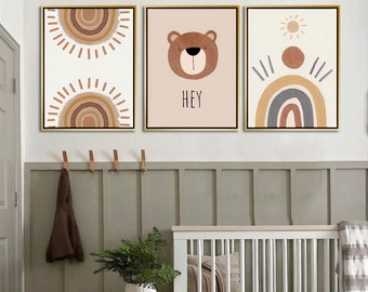 Nursery Framed Canvas Wall Art, 3 Piece Decor, Animals Beer Kids Print, Kids Room Decor, Wall Art, Lifetime Quality, Aluminium Framed