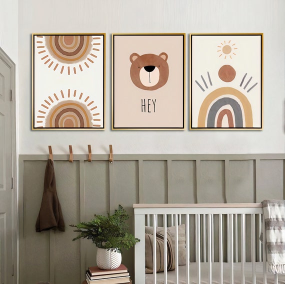 Nursery Framed Canvas Wall Art, 3 Piece Decor, Animals Beer Kids Print, Kids Room Decor, Wall Art, Lifetime Quality, Aluminium Framed