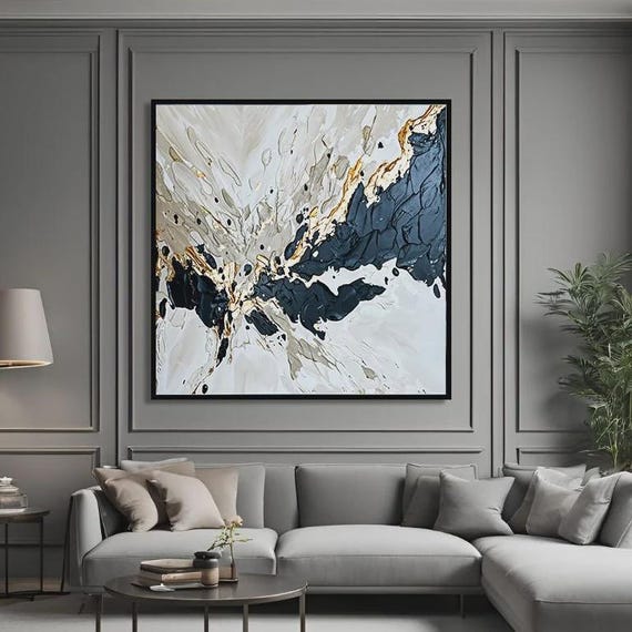 Textured Handmade Oil Paint Art Abstract Splash with Navy Blue and Gold 90x90cm Wall Art, Home decor, Luxury decor, Living Room, Canvas Art