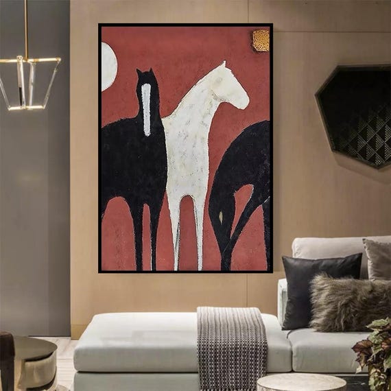Textured Handmade Oil Paint Art Abstract Black and White Horses 70x100cm Wall Art, Home decor, Luxury decor, living room