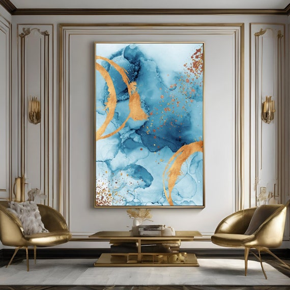 Blue Ink Wall Art Gold Brush Strokes Canvas Painting Modern Canvas Wall Art Large Living Room Painting