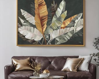 Pastel Tones Leaves Canvas Print Green and Orange modern wall art Large Canvas Art Ready to Hang Canvas