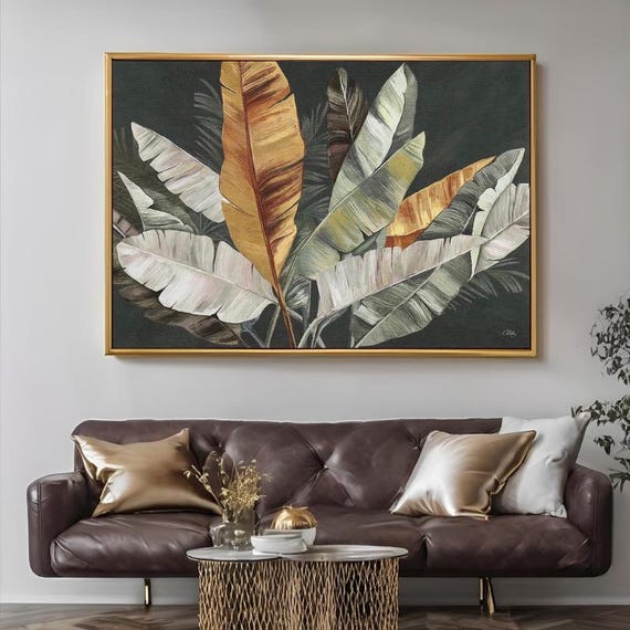 Pastel Tones Leaves Canvas Print Green and Orange modern wall art Large Canvas Art Ready to Hang Canvas