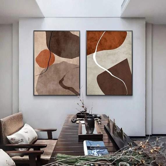 Set of 2 Best Quality Canvas Wall Art, Abstract Design in Orange, Anthracite gray and Gold Living Room Decor, Framed Wall Art