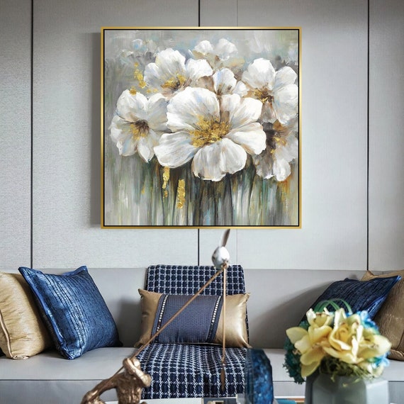 White Flower Framed Canvas Painting - Contemporary Floral Artwork, Flowers Wall Art