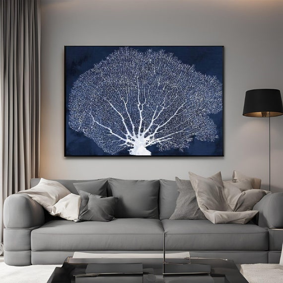 White Coral Wall Art Blue Canvas Painting Minimalist Canvas Wall Art Large Living Room Painting