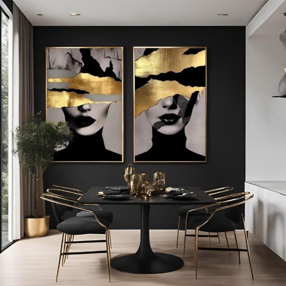 Set of 2 Canvas, Mysterious Woman with Gold Stripes Canvas Wall Art Poster Print,Nordic Scandinavian Ready To Hang Aluminium Framed