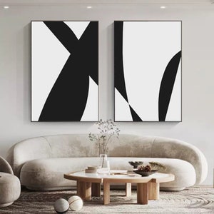 Framed Canvas Print Wall Art Set of 2 Black White Geometric, Abstract Illustration Modern Art Neutral Minimalist, Home Decor Living Room