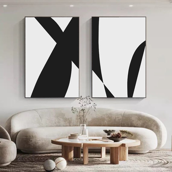 Framed Canvas Print Wall Art Set of 2 Black White Geometric, Abstract Illustration Modern Art Neutral Minimalist, Home Decor Living Room