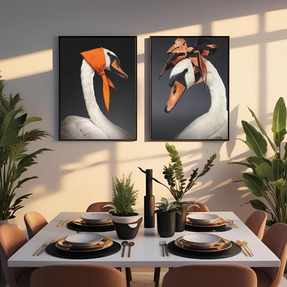 Elegant Swan Wall Art, Black And White Orange Detail Modern Animal Posters And Prints Wall Art Canvas Painting, Wedding Gift