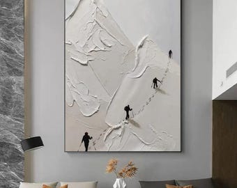 Textured Handmade Oil Paint Art Mountain Climbers, Black and White, View Wall Art 70x100cm Wall Art, Home decor, Luxury decor, living room