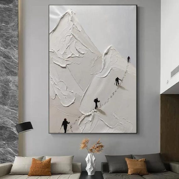 Textured Handmade Oil Paint Art Mountain Climbers, Black and White, View Wall Art 70x100cm Wall Art, Home decor, Luxury decor, living room