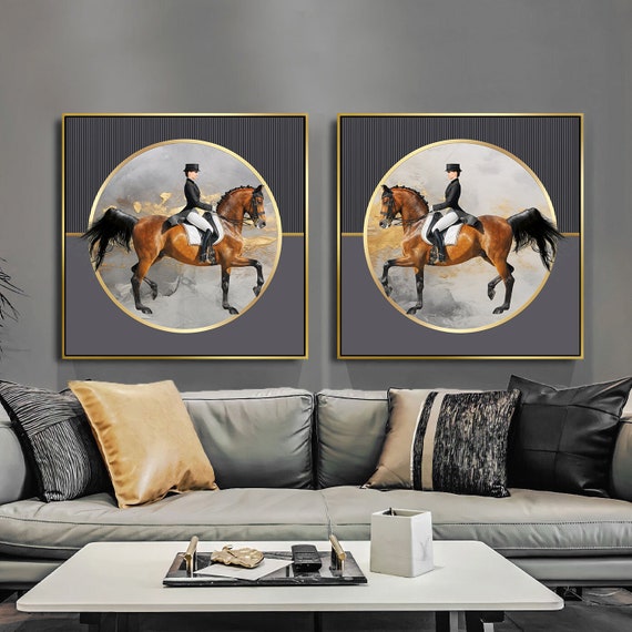 Framed Canvas Wall Art Set of 2 Woman Horse Rider, Abstract American Style Modern Art Minimalist Decor, Gold Gray Home Decor Gift