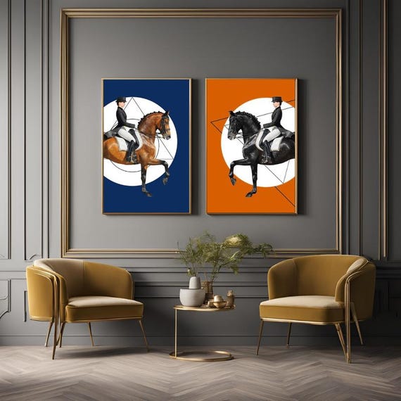Set of 2 Canvas Women Riding Royal Horses Wall Art, Framed Canvas Painting, Orange and Blue Modern Horse Wall Art