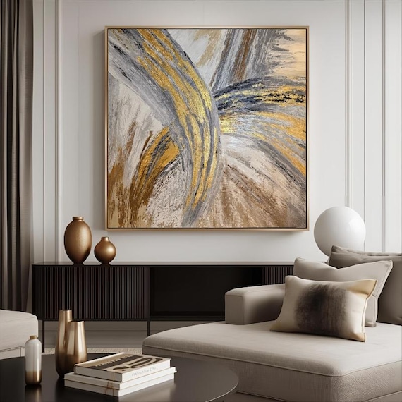 Textured Handmade Oil Paint Art Abstract Golden Painting 90x90cm Wall Art, Home decor, Luxury decor, Living Room, Canvas Art