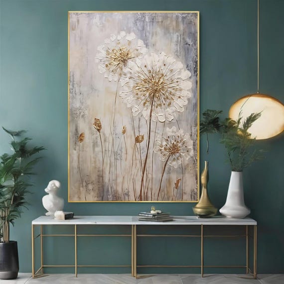 Textured Handmade Oil Paint Art White and Gold Dandelion 70x100cm Wall Art, Home decor, Luxury decor, living room
