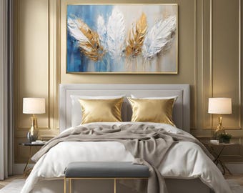 Textured Handmade Oil Paint Art Gold and White Feathers, Blue details, 70x100cm Wall Art,Home decor, Luxury decor, living room