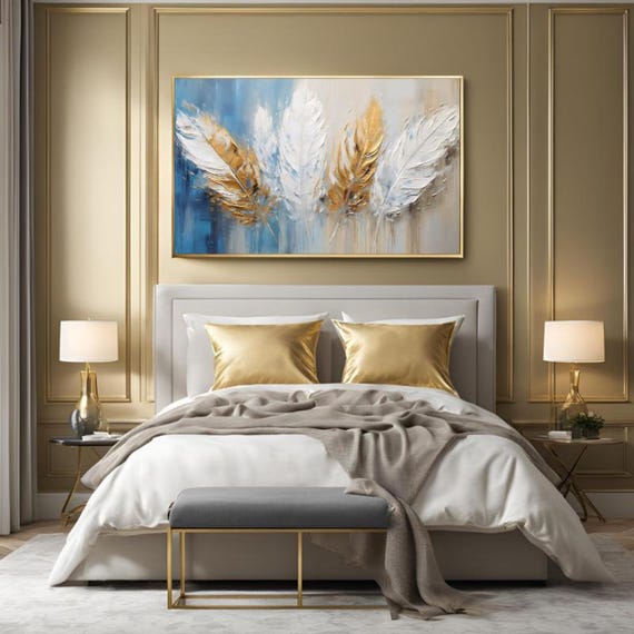 Textured Handmade Oil Paint Art Gold and White Feathers, Blue details, 70x100cm Wall Art,Home decor, Luxury decor, living room