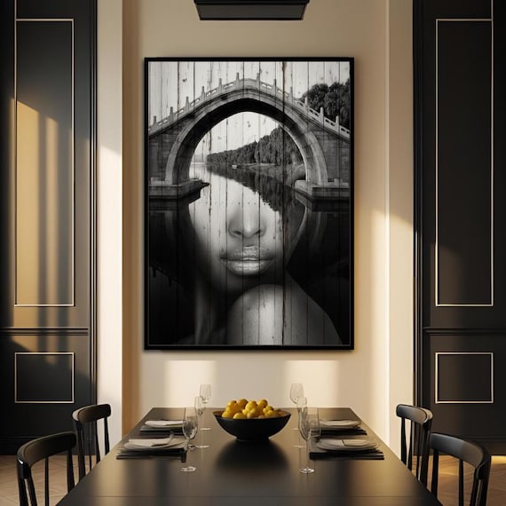 Silent Woman Under the Bridge Wall Art Abstract, Framed Canvas Wall Art Print, Nordic Scandinavian Ready To Hang, B&W Decor