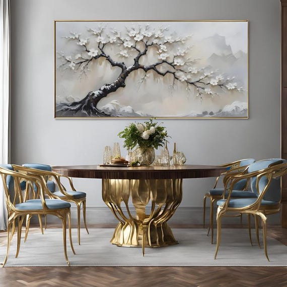 Textured Handmade Oil Paint Art Tree with White Flowers 70x120cm Wall Art Painting, Modern Home decor, Luxury decor, Living Room