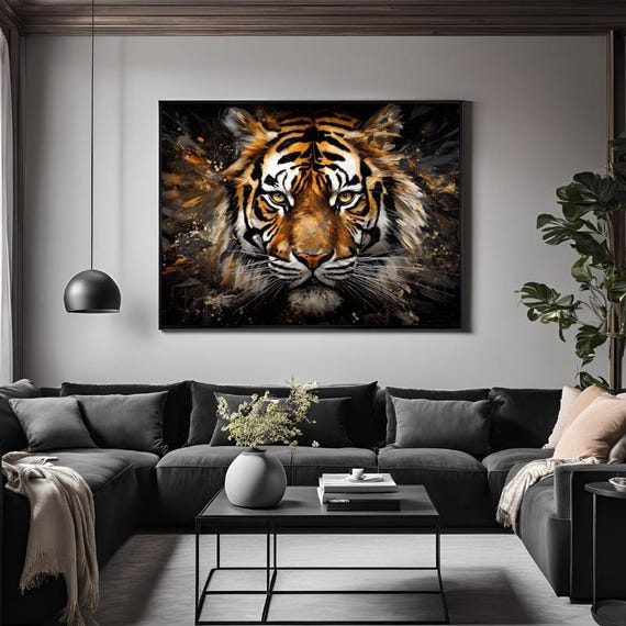 Abstract Tiger , Orange and Black Animal Wall Art Abstract, Framed Canvas Wall Art Print, Nordic Scandinavian Ready To Hang,B&W Decor