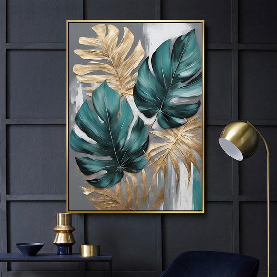 Green Tropical Framed Wall Art, Canvas Wall Art Print, Green and White, Gold Leaves Ready To Hang