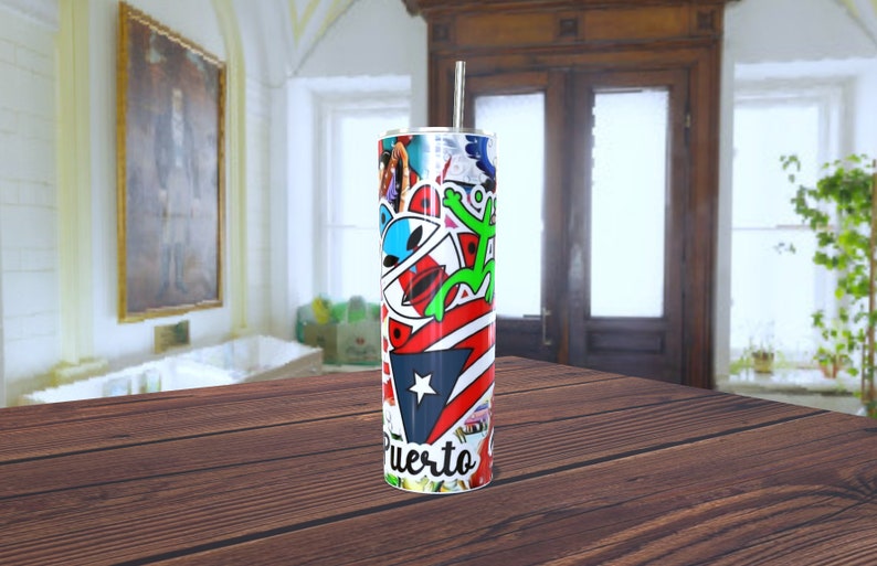 May include: A stainless steel tumbler with a colorful design featuring a Puerto Rican flag, cartoon characters, and the word "Puerto".