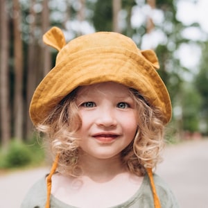 Unisex Linen Bucket Hat With Straps For Kids Toddlers Children Handmade | Cute linen bucket hat with ears