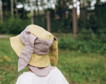 Handmade Linen Bucket Hat with Ears & Straps - Kids Summer Sun Hat