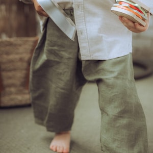 Oversized Khaki Harem Pants From Linen For Boys, Girls, Kids, Toddlers Sensory Friendly Clothing For Kids, Unisex Linen Toddler Trousers zdjęcie 3
