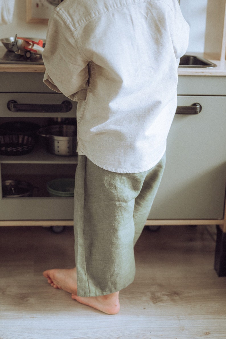 Oversized Khaki Harem Pants From Linen For Boys, Girls, Kids, Toddlers Sensory Friendly Clothing For Kids, Unisex Linen Toddler Trousers zdjęcie 6