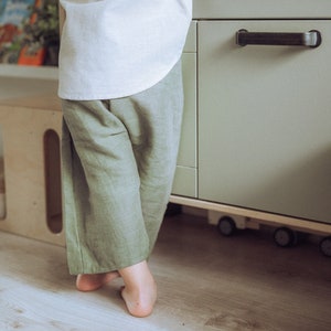 Oversized Khaki Harem Pants From Linen For Boys, Girls, Kids, Toddlers Sensory Friendly Clothing For Kids, Unisex Linen Toddler Trousers image 2