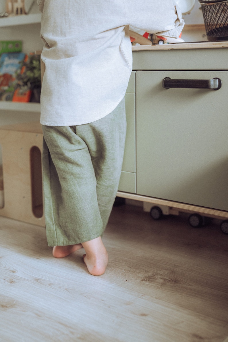 Oversized Khaki Harem Pants From Linen For Boys, Girls, Kids, Toddlers Sensory Friendly Clothing For Kids, Unisex Linen Toddler Trousers zdjęcie 2
