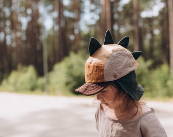 Sombrero de verano de dinosaurio de lino neutro de género para niños / gorra de sombrero de dinosaurio pequeño rebelde / gorra de sombrero de lino hecha a mano para niños pequeños, niñas, niños, niños