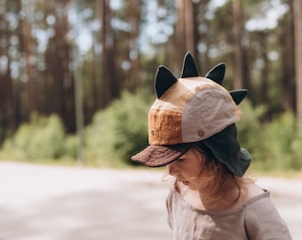 Linen Dinosaur Hat: Handmade Summer Cap with Detachable Backpiece