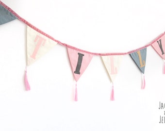 Personalised name bunting  | Cotton fabric Boho Wall garland | custom made baby shower banner |  Decoration for Nursery
