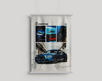 May include: A blue BMW M3 Competition car is shown in a collage of images. The car is shown from the front, side, and close-up of the front grill and wheels. The car is on a white background with a black and white sketch of a city street in the background.