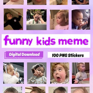 Puede incluir: Una descarga digital de 100 pegatinas PNG con imágenes de niños con expresiones divertidas. El texto "funny kids meme" está en morado. Las pegatinas están diseñadas para uso digital.