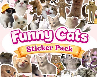 以下が含まれることがあります： 様々な猫の画像を集めたステッカーパック。サングラスをかけた猫や親指を立てた猫など、面白い表情やポーズの猫のステッカーが含まれています。「Funny Cats Sticker Pack」の文字が表示されています。
