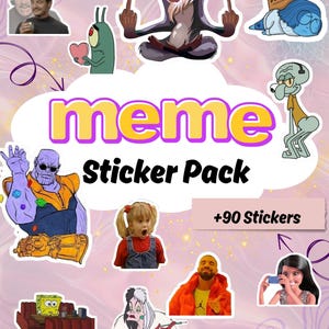 Könnte beinhalten: Ein Sticker-Pack mit verschiedenen Meme-Bildern. Die Sticker zeigen Cartoon-Charaktere, Filmreferenzen und Internet-Memes. Der Text "meme Sticker Pack" ist zusammen mit "+90 Stickers" zu sehen. Der Hintergrund ist ein helles Lila mit dekorativen Wirbeln.