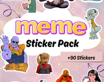 May include: A sticker pack with a variety of meme images. The stickers include cartoon characters, film references, and internet memes. The text "meme Sticker Pack" is displayed, along with "+90 Stickers". The background is a light purple with decorative swirls.