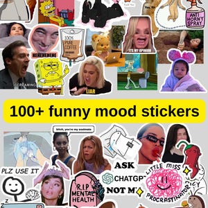 Może przedstawiać: Kolekcja ponad 100 zabawnych naklejek nastroju z różnymi memami i ilustracjami. Naklejki zawierają obrazy SpongeBoba, maski Scream i innych humorystycznych postaci. Widoczny jest również tekst "100+ funny mood stickers".
