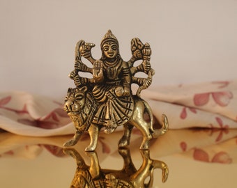 Powerful Durga Mini Brass Statue for Protection & Strength Miniature Durga Handcrafted Brass Devi Idol for Mandir or pooja room
