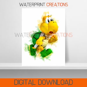 Mario Digitaldrucke Koopa Troopa grün Poster, Mario Aquarell Wandkunst, druckbar, sofortiger digitaler Download, Porträt, digitale Kunst