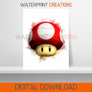Mario Digital Prints Super Mushroom Poster, Mario Watercolour Wall Art, Printable, Instant Digital Download, Portrait, Digital Art
